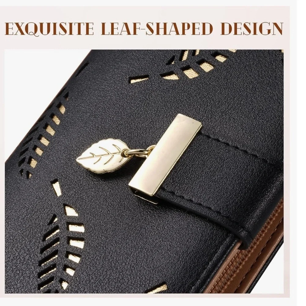 Women's Long Leaf Bifold Wallet Leather Card Holder Purse Elegant Clutch ( new)